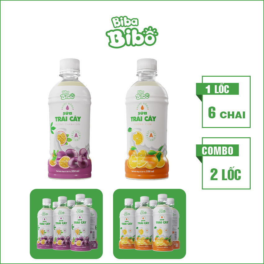 [Combo (12) chai 350ml] Bibabibo Sữa Chanh Dây (Chanh Leo), sữa Cam, sữa trái cây, tốt cho miễn dịch, tiêu hóa