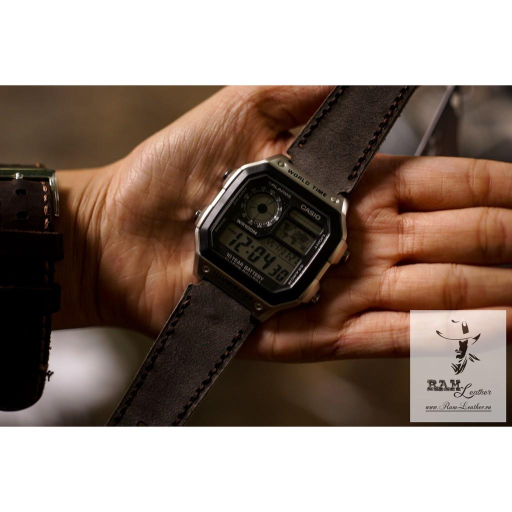 Dây đồng hồ da bò cho Casio AE1200 WHD và Seiko 5 37mm - Da bò xám than quân đội Đức