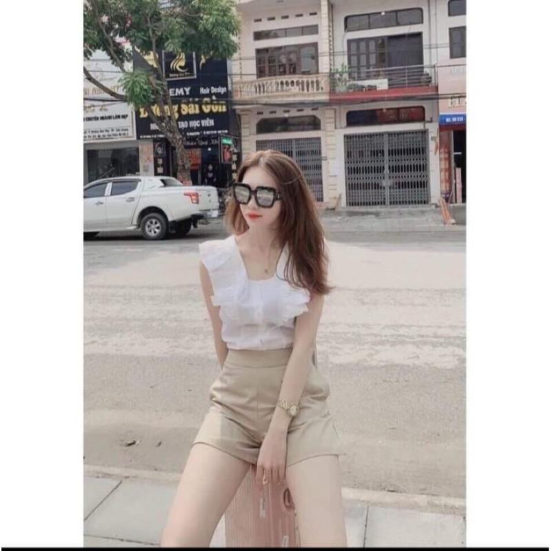 Sét áo cổ vuông bèo vai + quần sooc cạp cao BYO976