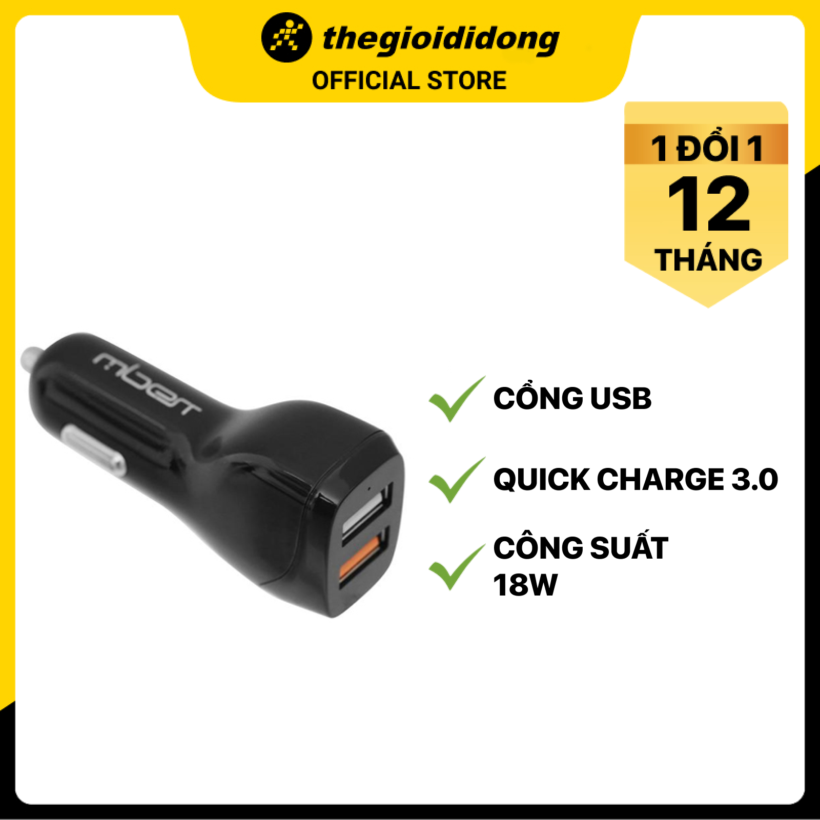 Sạc xe hơi 2 cổng USB Qualcomm 18W Mbest DC33N00 Đen - Hàng Chính Hãng