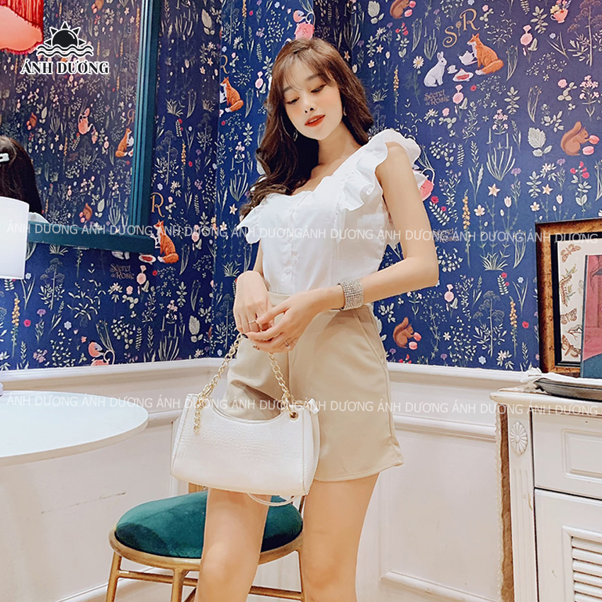 Set đồ bộ nữ áo màu trắng kiểu cánh tiên kèm quần đùi đi tiệc, đi chơi