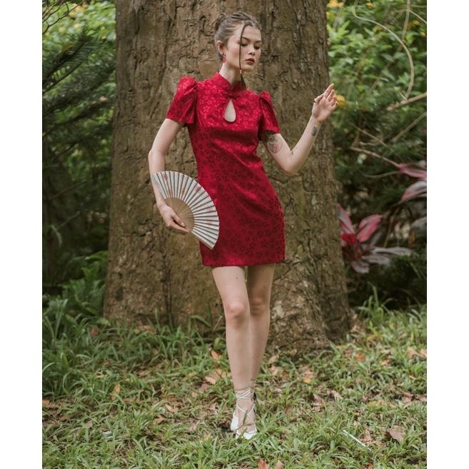 OLALASTUDIO Đầm mini gấm hoa ẩn cổ tàu cách tân