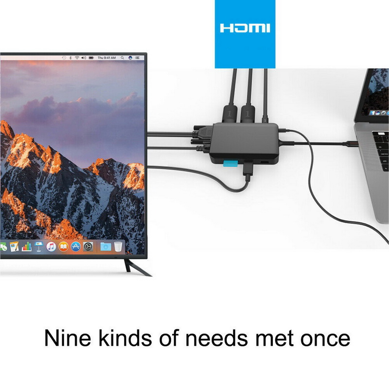 Hub USB Type-C đa chức năng HDMI/ VGA/ RJ45/ PD/ USB/ TF/ SD cho Macbook M1, Surface, Dell XPS