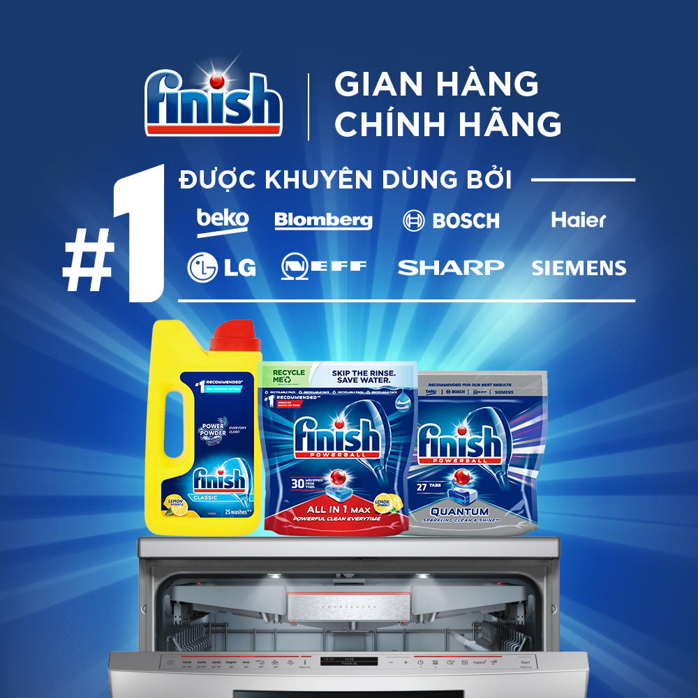 Combo 04 Bột Rửa Chén Bát Hương Chanh Finish Classic Power Powder Lemon Sparkle chai 1 kg