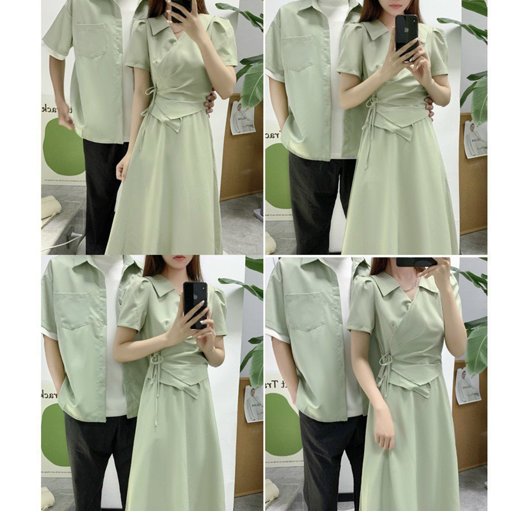 SET ÁO ĐÔI NAM NỮ CHỤP HÌNH CƯỚI ĐỒ CẶP ÁO SƠ MI NAM ĐẦM DÀI CỘT EO MÀU XANH