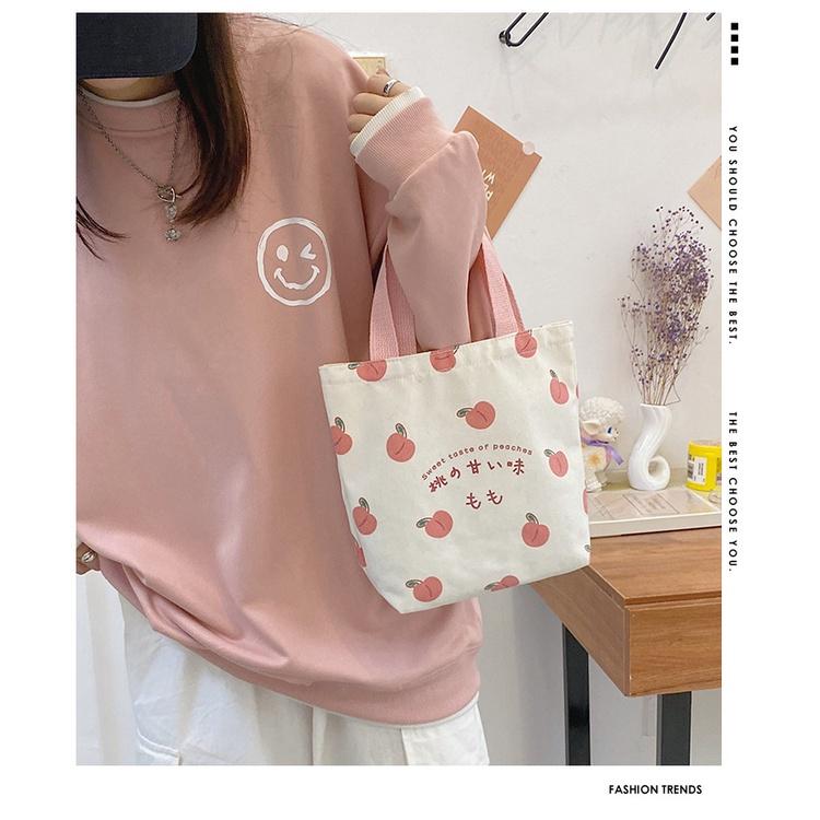 Túi Tote Mini Vải Canvas Họa Tiết Trái Đào Dễ Thương Phong Cách Hàn Quốc