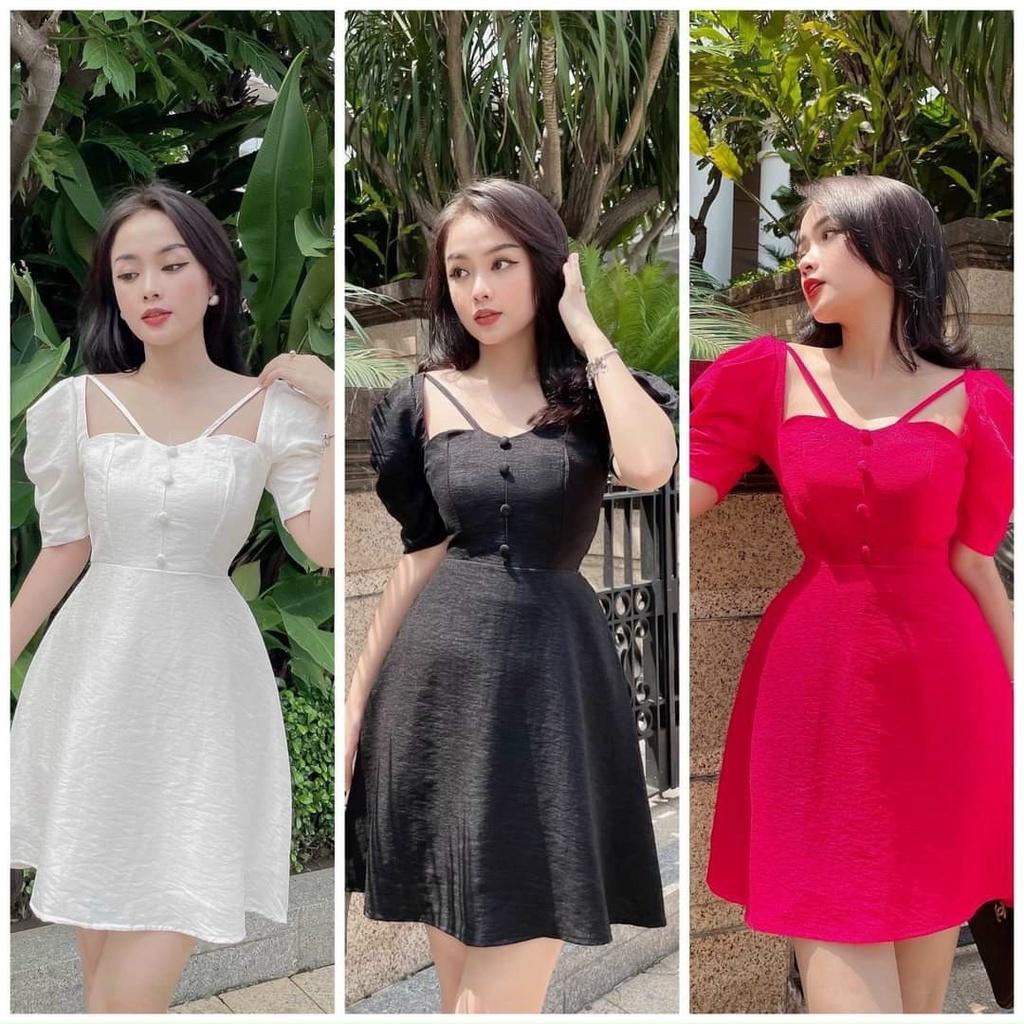 Váy đầm nữ dáng xòe tay bồng cổ vuông chéo dây sang trọng cuốn hút