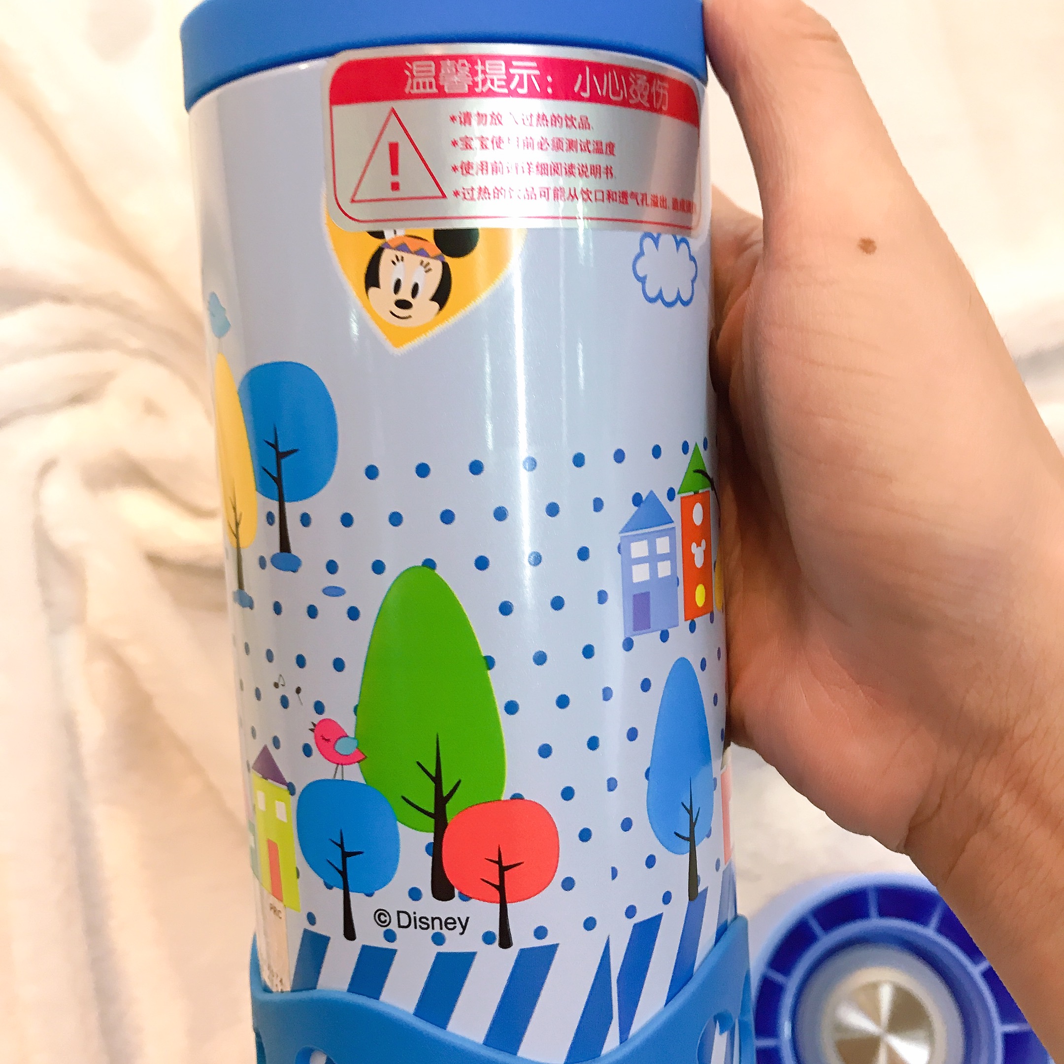 Bình nước giữ nhiệt 2 nắp hình chuột Mickey màu xanh viền silicon cho trẻ em, các bé, học sinh -  - WD-3430MK