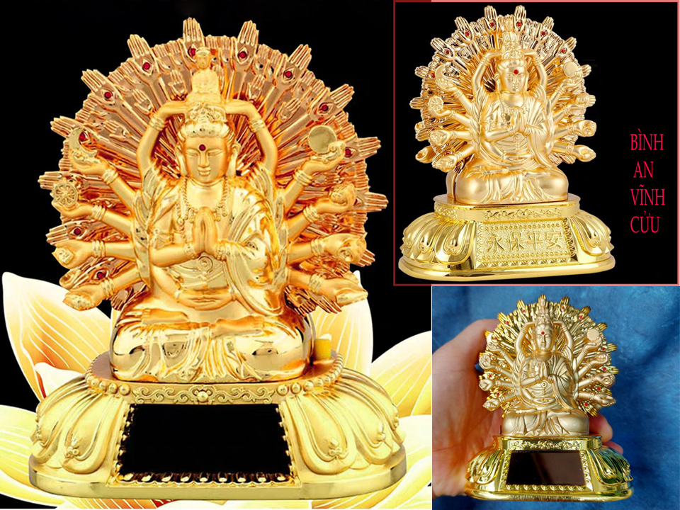 Tượng để xe Phật Thiên Thủ Quan Âm bằng hợp kim mạ vàng C13 (Tượng 2 mặt, sử dụng năng lượng mặt trời, có thể dùng Pin)