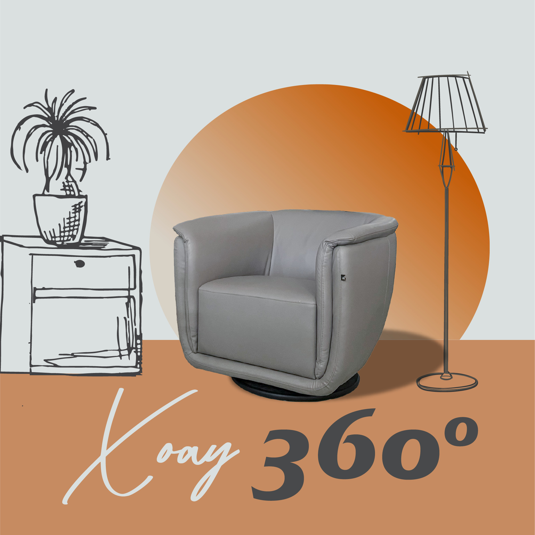 Sofa Đơn Xoay Da Bò Tiếp Xúc H455-428 Xám Caramel