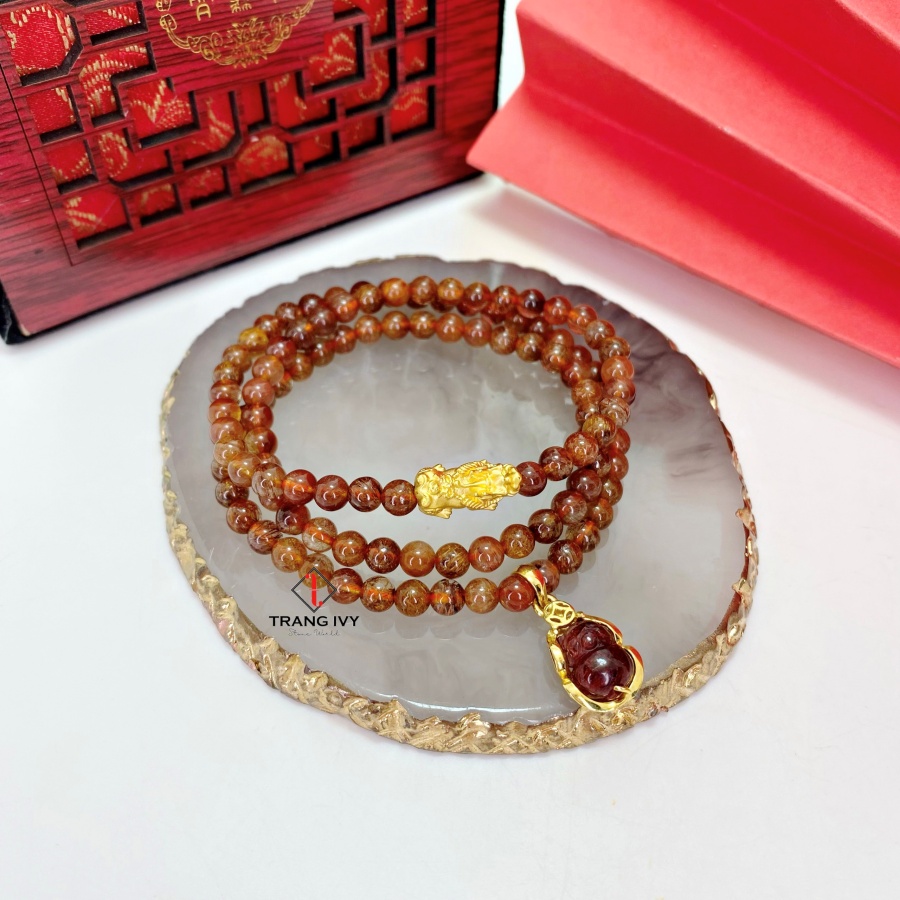 Chuỗi Vòng Tay Thạch Anh Tóc Nâu Mix Charm Tỳ Hưu Vàng 24K Và Tỳ Hưu Thiên Lộc Bọc Vàng 10K