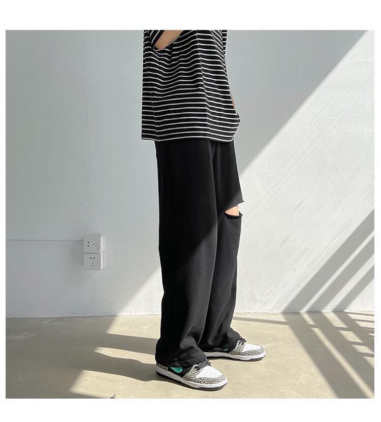 Quần Ống Rộng Rách Gối Màu Đen Lưng Thun Culottes Ulzzang Unisex - MM