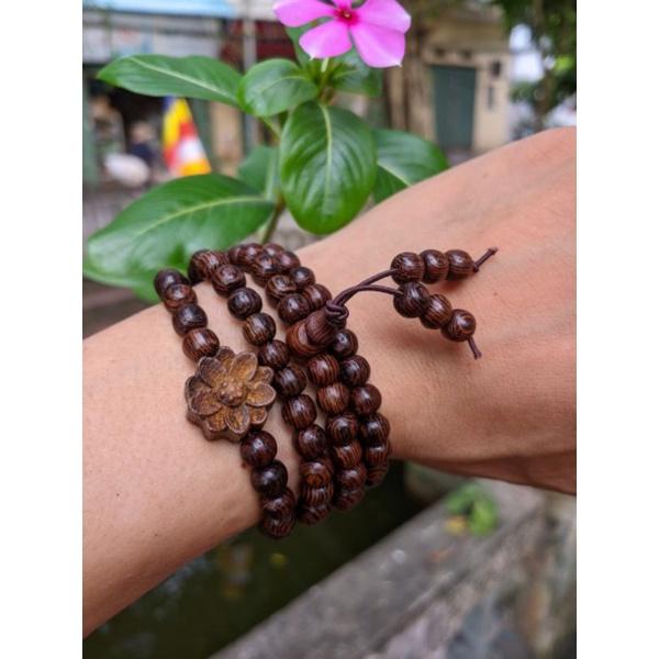 Vòng tay nữ 6 ly chuỗi tràng hạt 108 gỗ vân mun đuôi công mix charm hoa sen