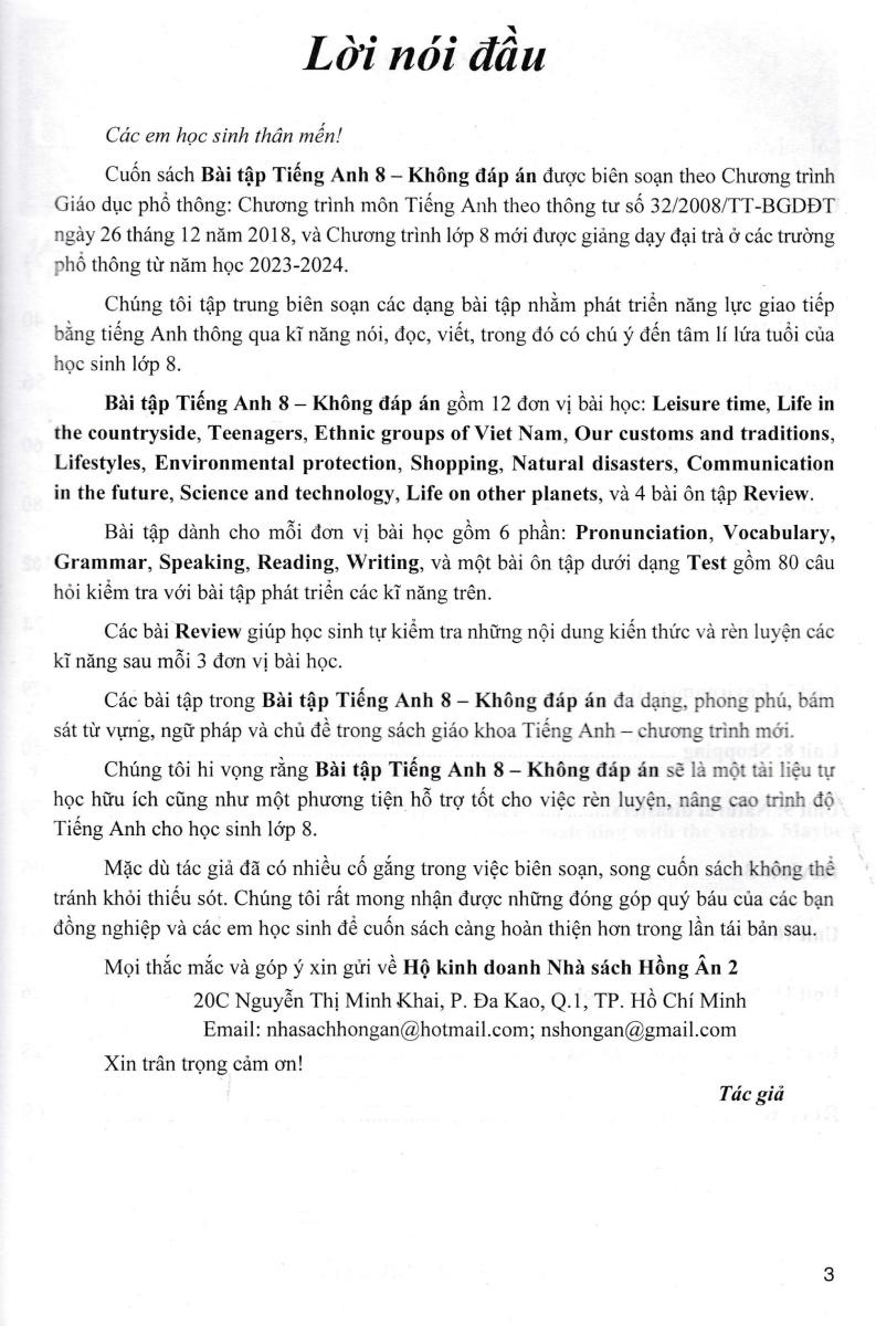 Bài Tập Tiếng Anh 8 - Không Đáp Án