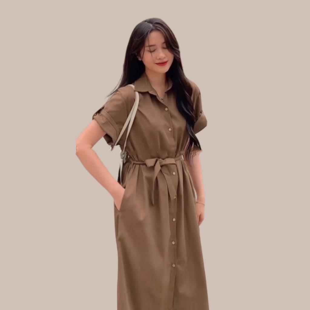 VÁY SƠ MI CỔ BẺ DÁNG DÀI PHỐI DÂY