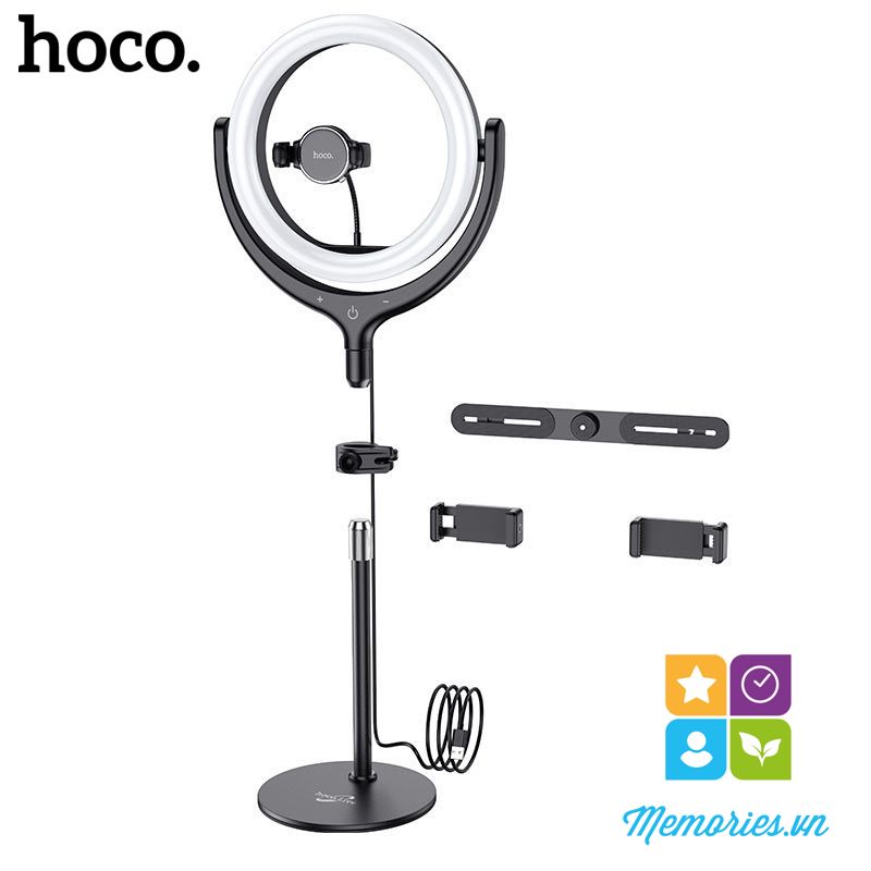 Bộ đèn tròn Livestream Hoco LV01 + kèm 3 kẹp điện thoại 4,7-6,5 inch, chân đế - Hàng chính hãng, chất lượng cao