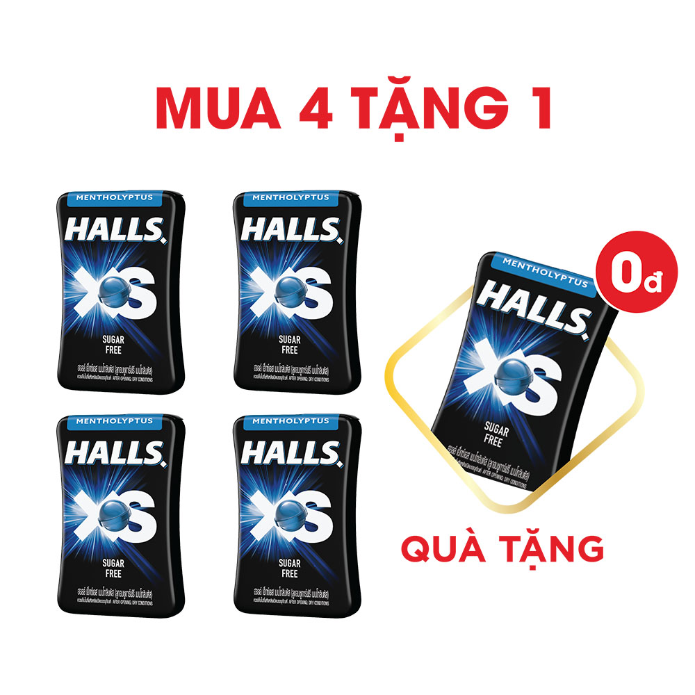 [Mua 4 Tặng 1] Combo 4 Hộp Kẹo Ngậm Không Đường Halls XS Vị Bạc Hà 4x13.8g