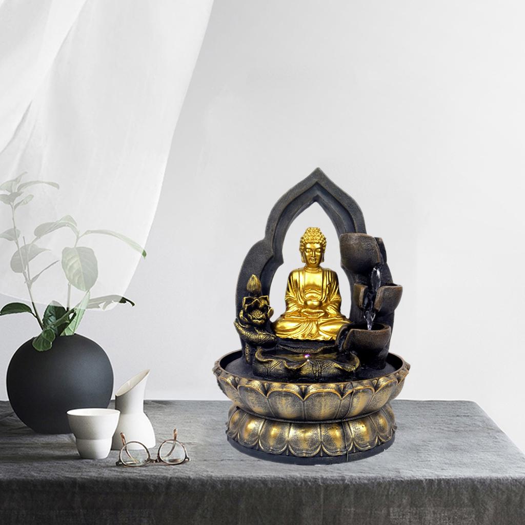 Tabletop Fountain LED Lights Water Waterfall Resin Buddha Statue Sculpture