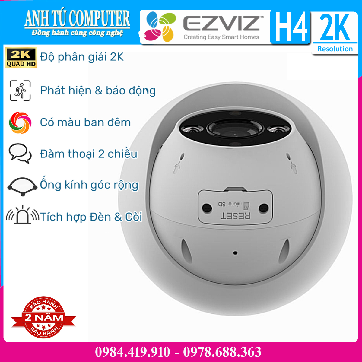 Camera WiFi bán cầu 3MP EZVIZ H4 2K Hàng chính hãng