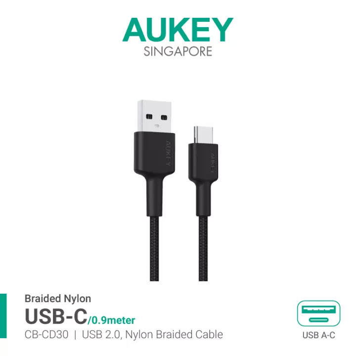 Cáp Aukey USB-A to USB-C 0.9m CB-CD30 - Dây Cáp Bọc Dù Cao Cấp - Hàng Chính Hãng