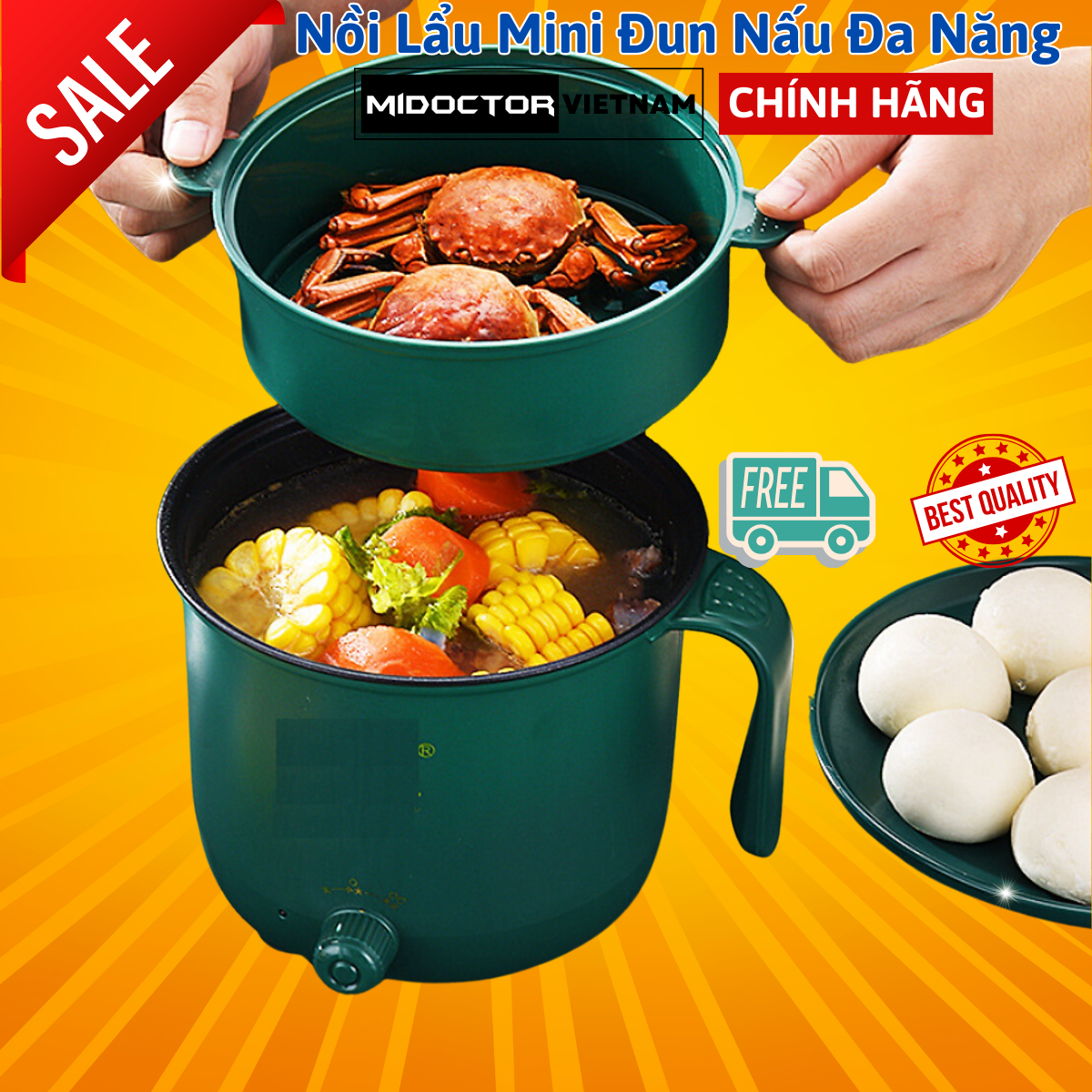 Nồi Lẩu Điện Mini, Nấu Mì 2 Tầng Kèm Giá Hấp Đa Năng Nướng, Luộc, Chiên Chống Dính Vấn Đá Tiện Lợi, Ca nấu mì Hàng Chính Hãng miDoctor