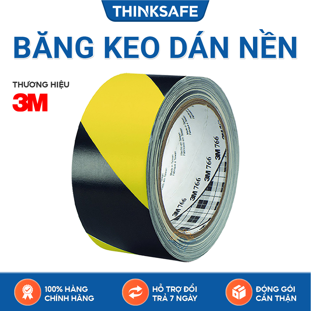 Băng keo cảnh báo dán nền 3M 766 màu vàng sọc đen chuyên dùng dán nền cảnh báo cho nhà xưởng tủ điện (50mmX32.9) 