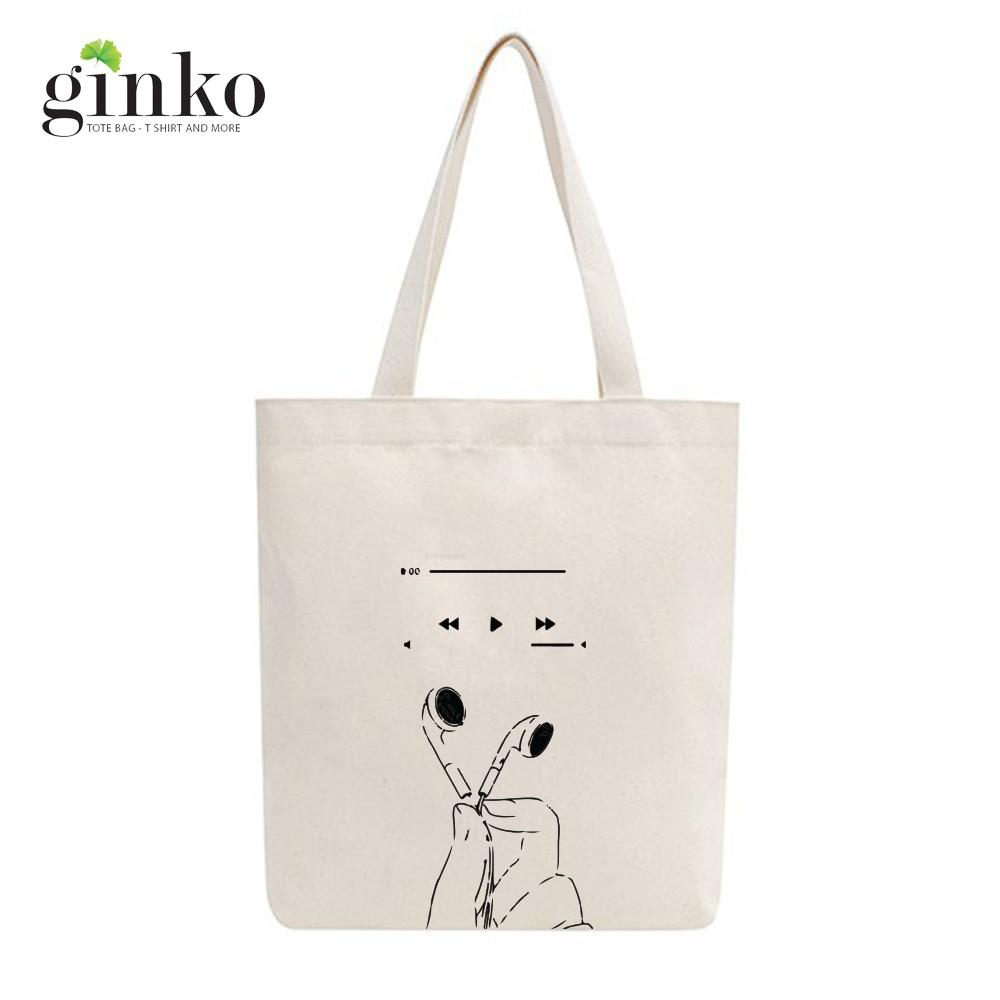 Túi Tote Vải Mộc Ginko kiểu basic có dây kéo khóa miệng túi( có túi con bên trong) đựng vừa laptop 14 inch và nhiều đồ dùng In Hình LISTEN TO MUSIC M34