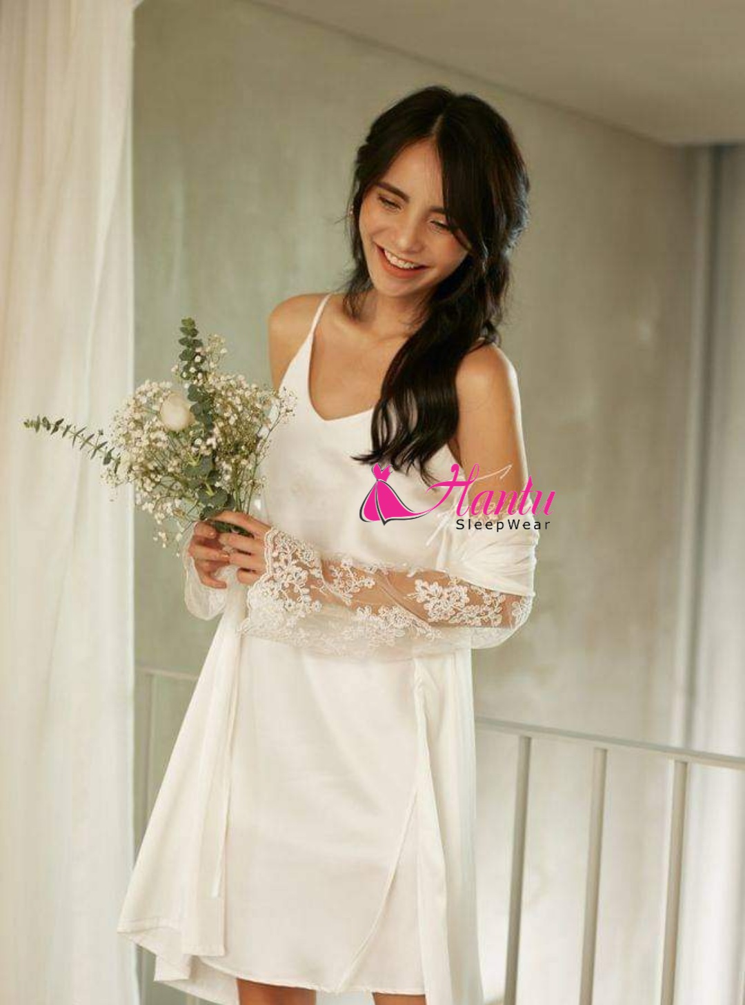 Áo choàng cô dâu,Áo choàng ngủ lụa phối ren Hantu Sleepwear Freesize dưới 70kg