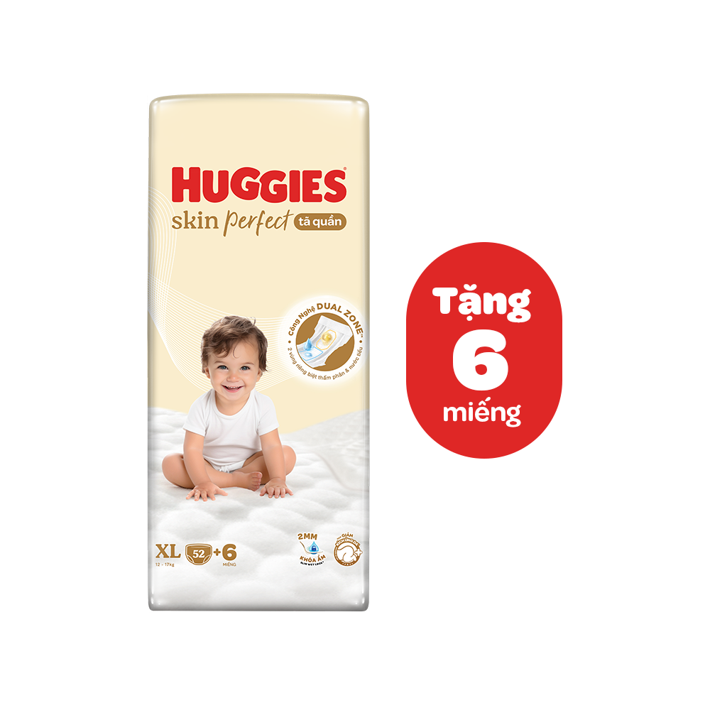 Tã quần Huggies Skin Perfect XL Super Jumbo 52+6 miếng với 2 vùng thấm giảm kích ứng da