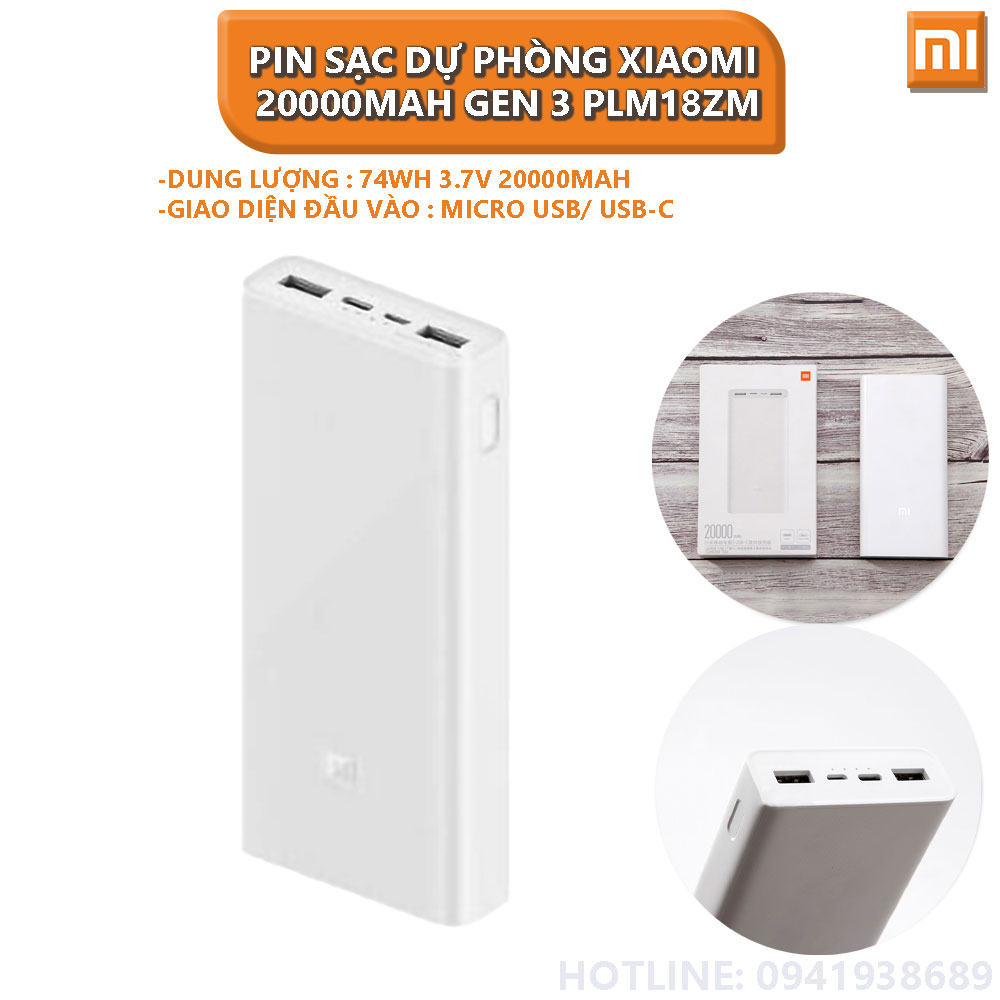 Pin sạc dự phòng Xiaomi 20000Mah gen 3 PLM18ZM - Hàng nhập khẩu