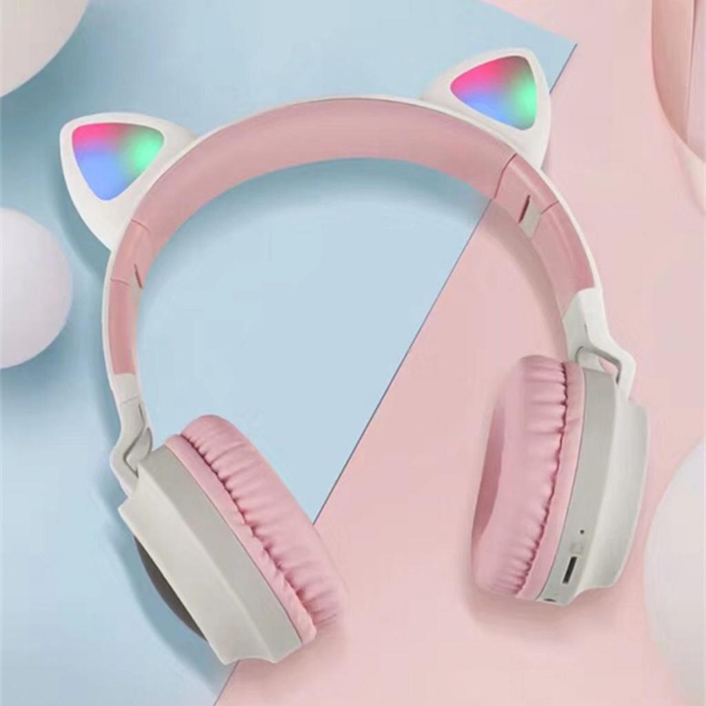 Bluetooth Cat Ear Headband LED Lights Headphones Earphone Headset w/Mic Pink