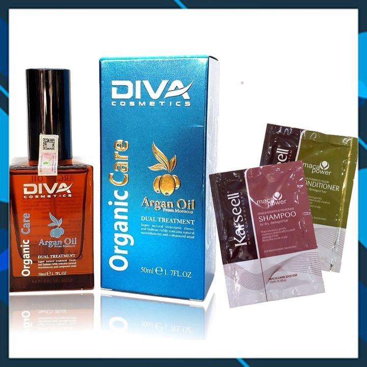 Tinh dầu dưỡng tóc DIVA Cosmetics Argan Oil 50ml + Cặp dầu gội xả gói Karseell Maca siêu mượt 15mlx2