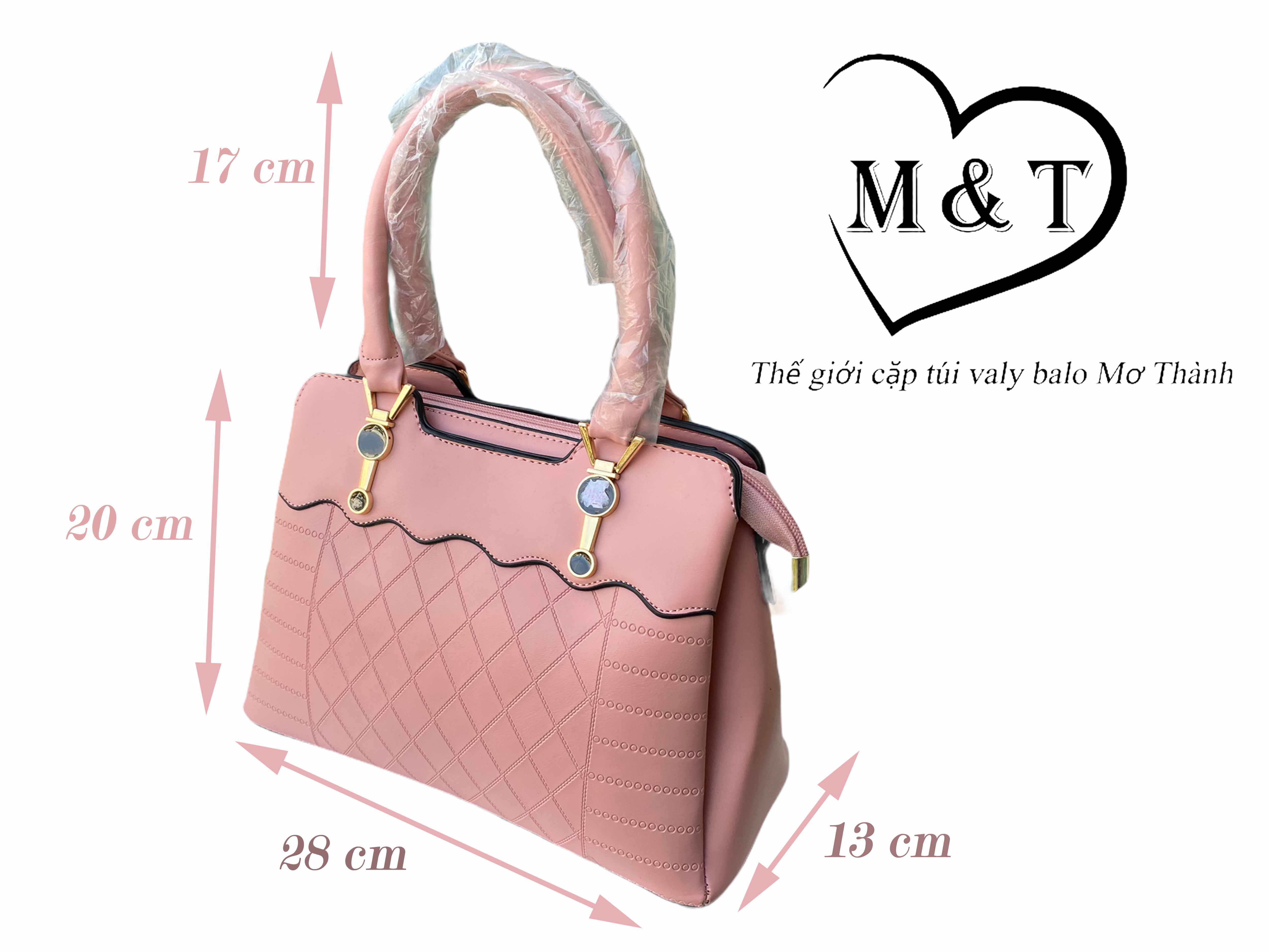 Túi nữ xách tay thời trang 11420 da ép caro chéo thân nối sóng hồng phấn