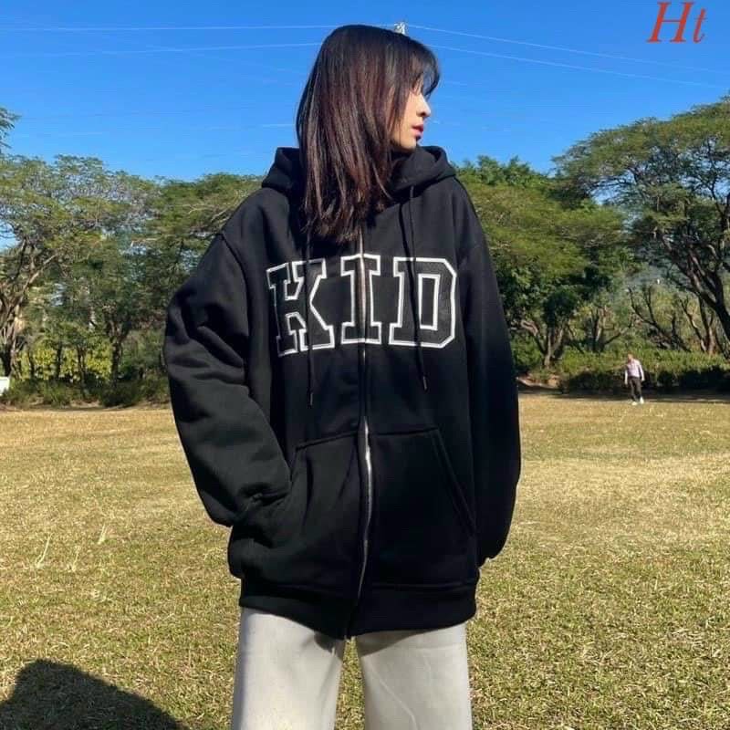 áo khoác nỉ hot , mặc cho mùa hè, Áo Hoodie Zip Kéo Khoá Chữ KID Cao Cấp Chất Nỉ Ngoại Dày Dặn Form Rộng Tay Phồng-Unisex Nam Nữ( Hàng Sẵn)