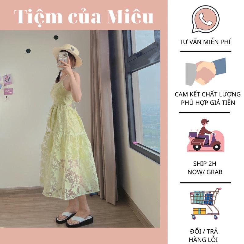 Váy maxi cổ yếm hở lưng vải voan kính hoa đi biển cực xinh tiệm của miêu
