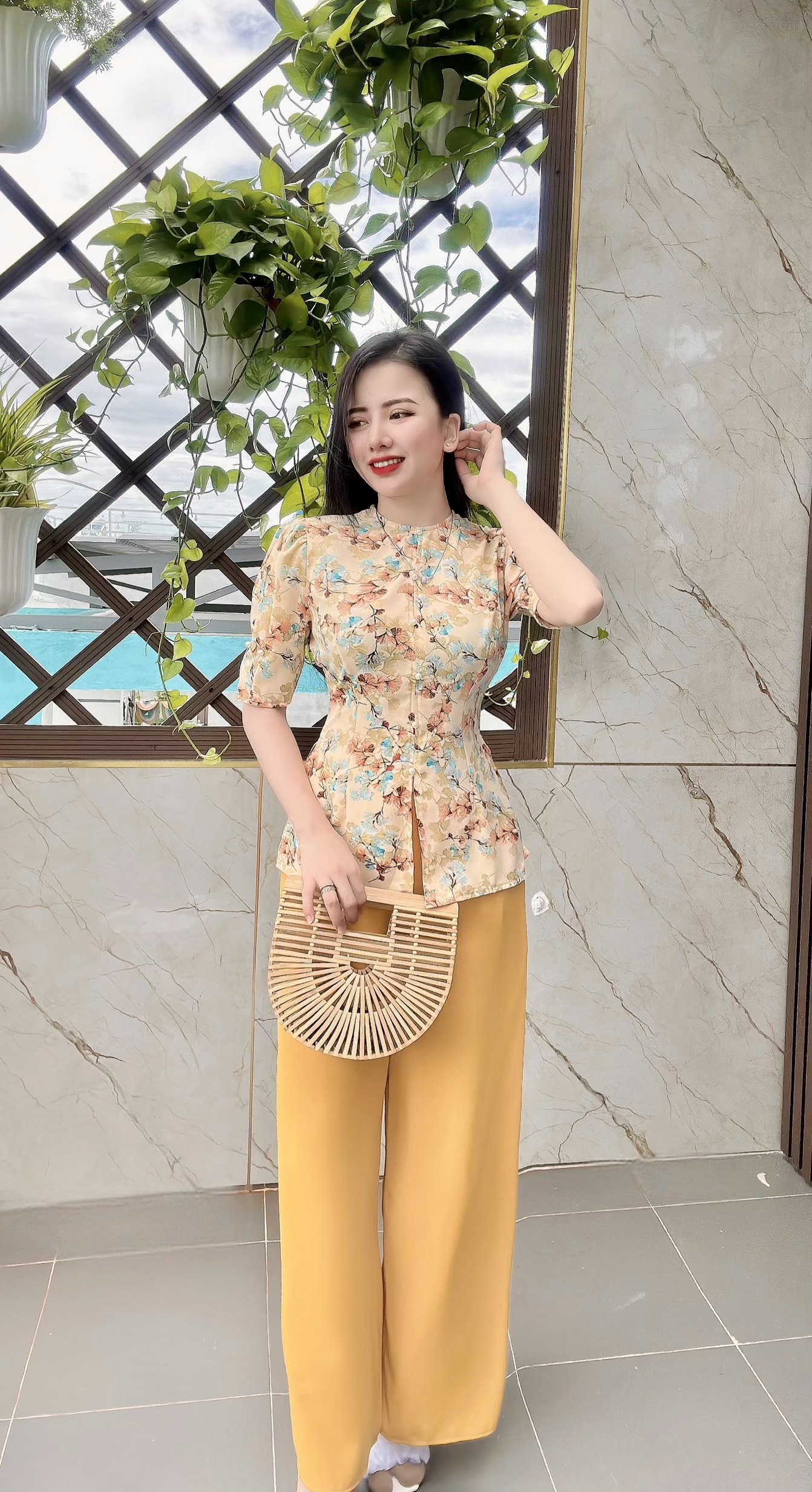 BỘ BÀ BA LỤA HOA 3D TAY PHỒNG