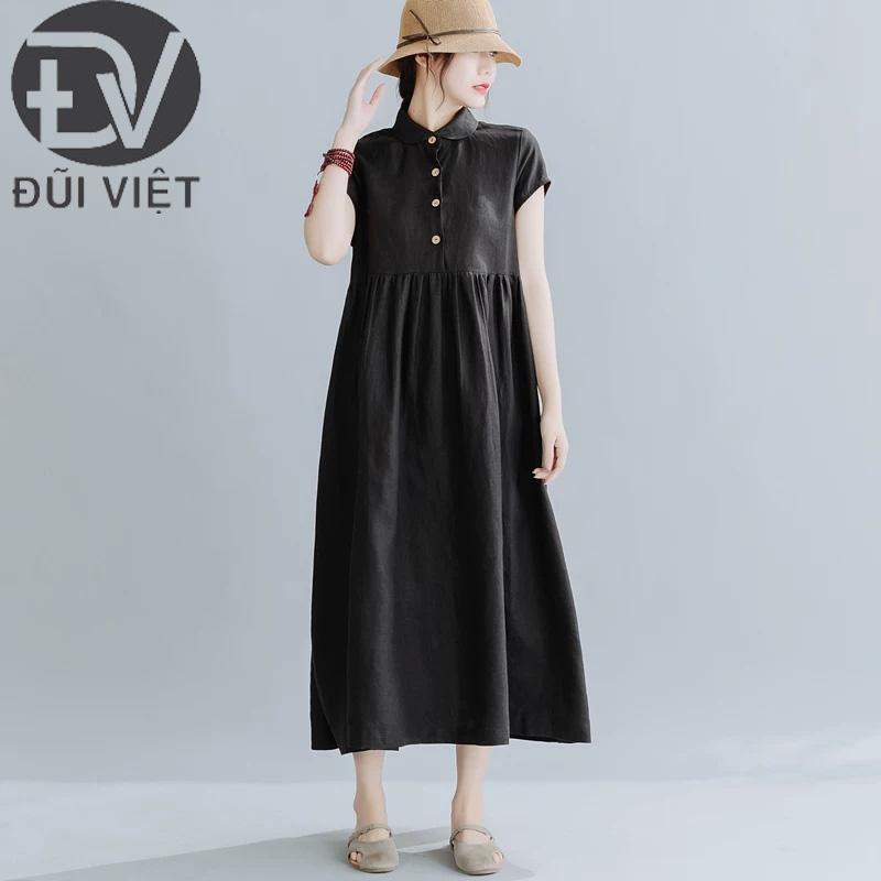 Đầm suông linen form rộng cổ sơ mi không kén dáng mặc, thời trang phong cách trẻ Đũi Việt 