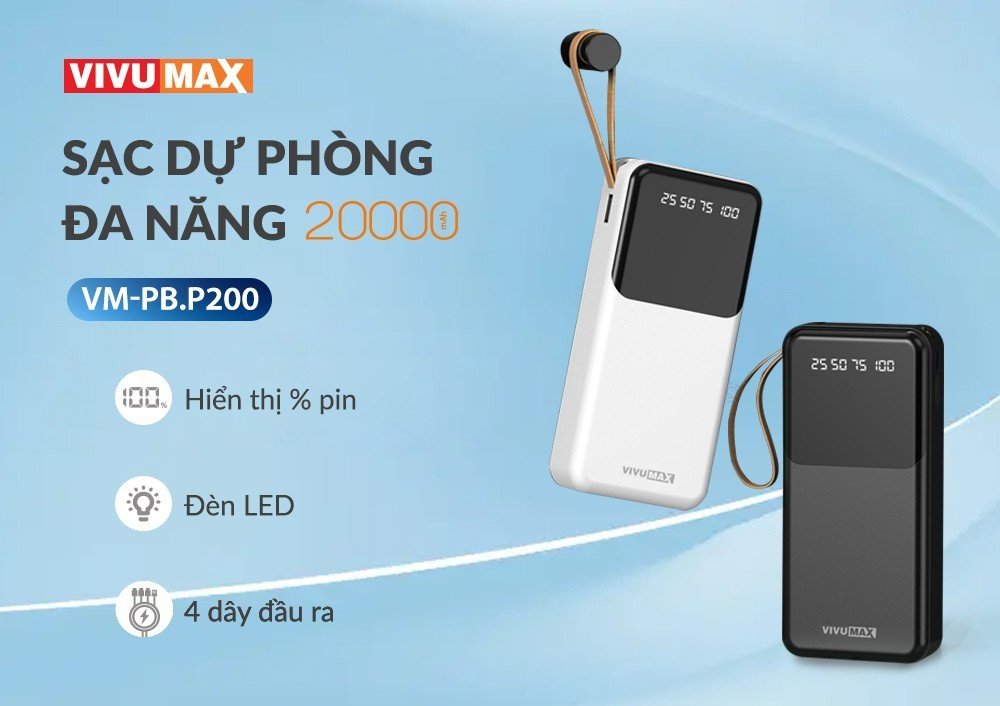 Pin sạc dự phòng Polymer 20.000mAh Vivumax P200 – Tích hợp 4 dây sạc, sạc nhanh 2.4A - Hàng Chính Hãng