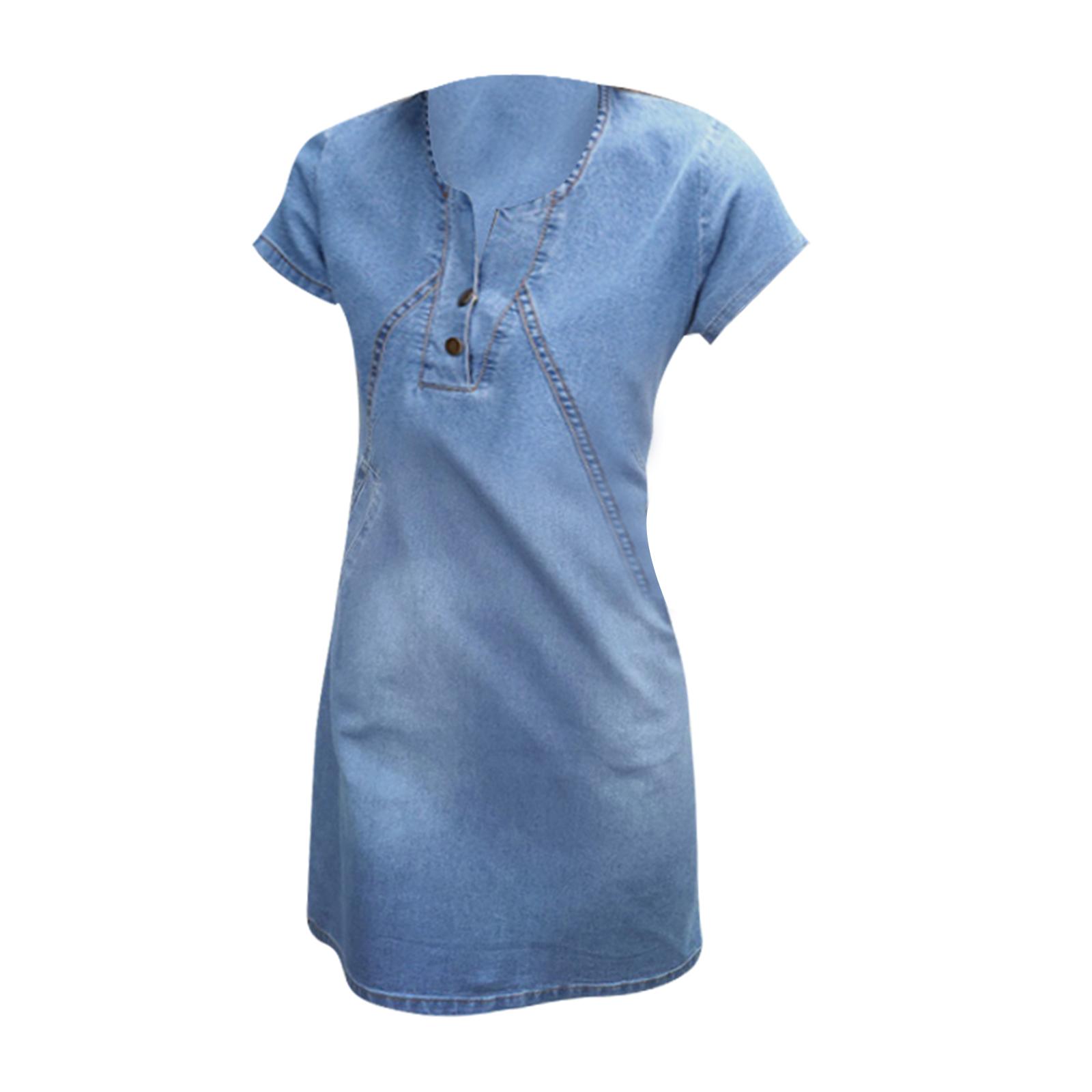 Short Denim Dress for Women Slim Fit Short Sleeve A-Line Casual Shirt for Party Travel Korean Style Solid Color