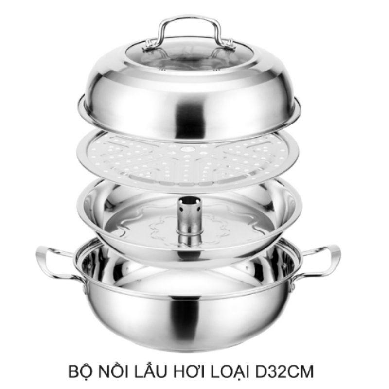 BỘ nồi hấp đa năng D32 bằng inox dùng được cho bếp từ, đáy 3 lớp