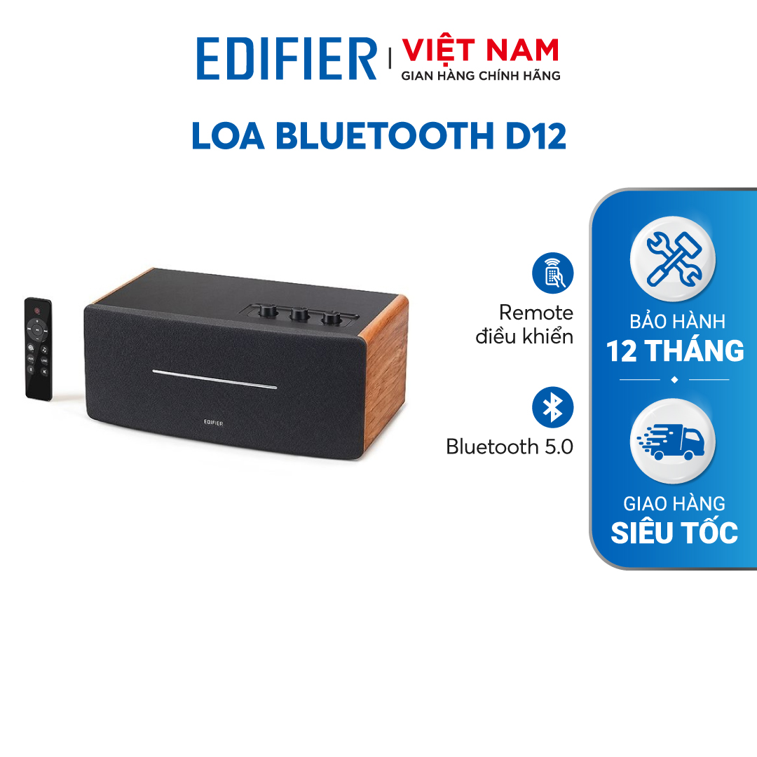 Loa Bluetooth 5.0 EDIFIER D12 Vỏ gỗ chống dội âm - Hỗ trợ AUX âm thanh nổi Stereo - Kèm remote điều khiển - Hàng chính hãng