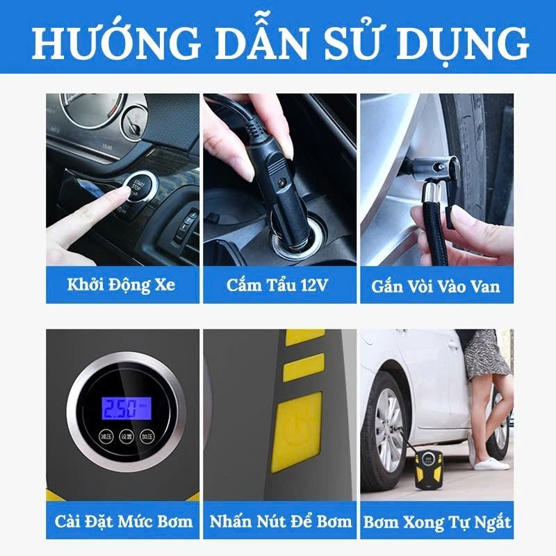 Máy Bơm Lốp 12V Tự Ngắt Lõi Đồng – Mẫu Mới Dành Cho Ô Tô, Xe Máy, Bền Bỉ & Mạnh Mẽ , đèn led