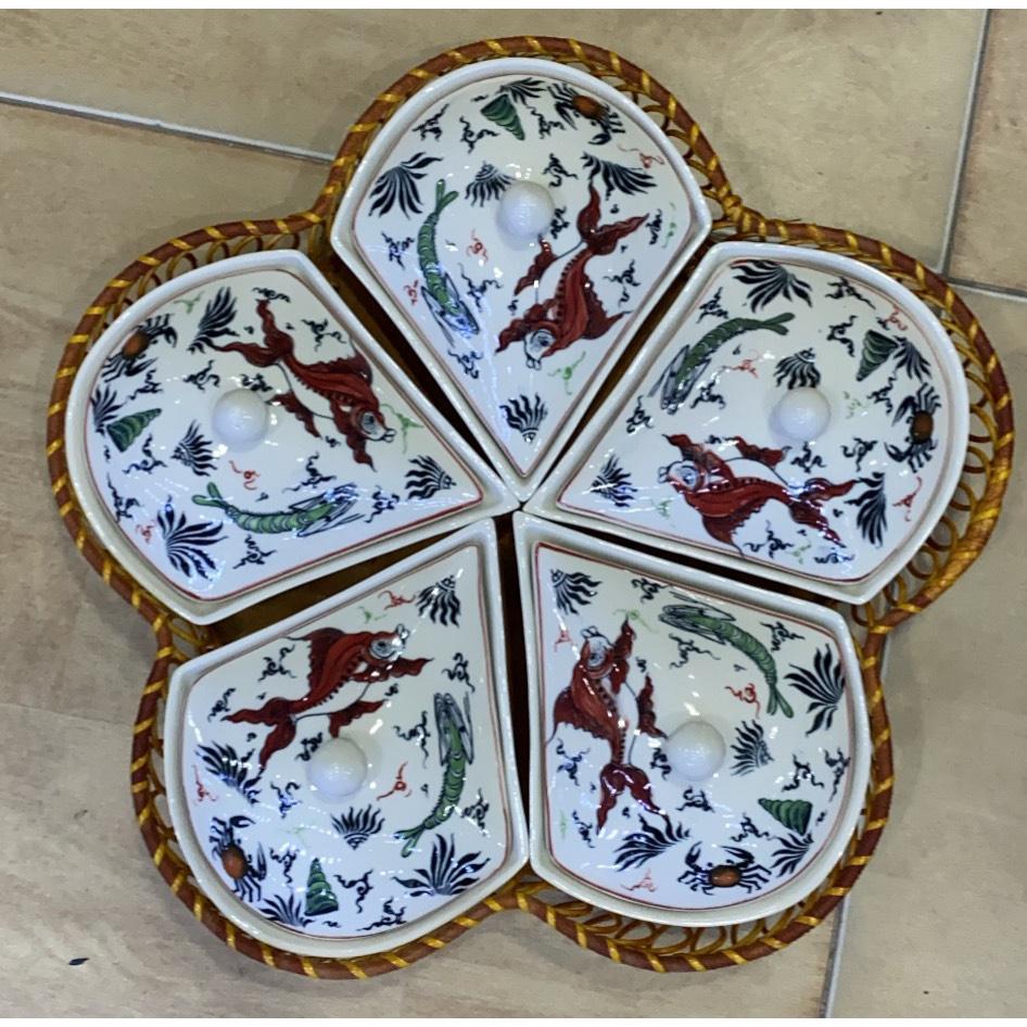 Khay mây gốm sứ 5 khay hình bông hoa