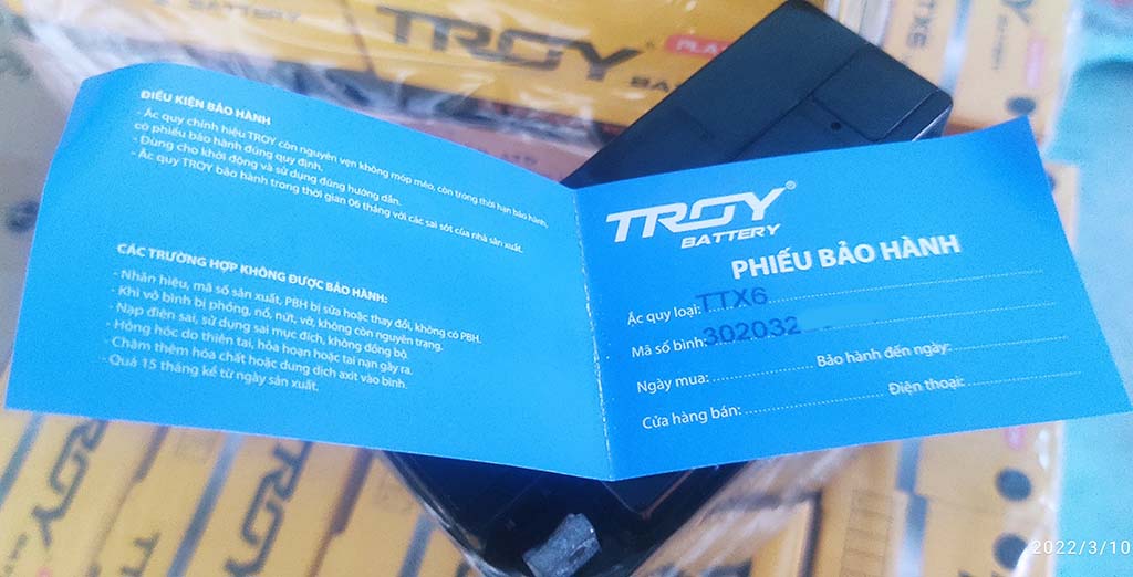 Ắc quy xe máy TROY BATTERY, TTX6L, 12V, 5Ah