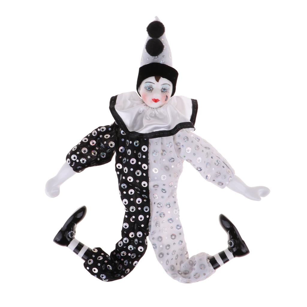 38cm Vintage Porcelain Clown Doll, Hand Painted Harlequin Doll Home Office Display Decoration