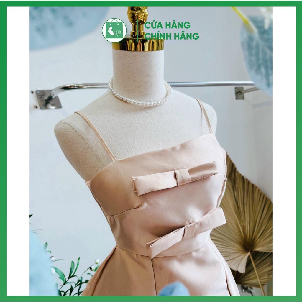 Váy đầm hồng dây ,cổ chéo, đính nơ trẻ trung