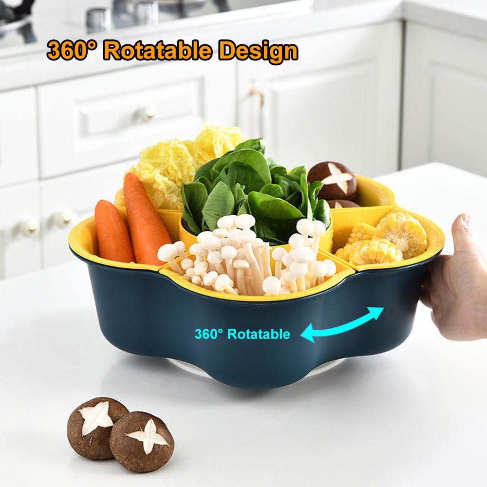 Đĩa đựng rau củ 6 ngăn hình bông hoa Đa chức năng bằng nhựa PP xoay 360 ° có 2 lớp lọc nước dễ dàng