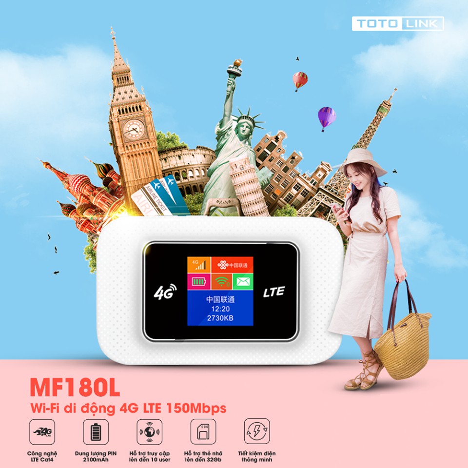 Thiết bị đầu cuối di động TOTOLINK MF180L - Wi-Fi di động 4G LTE 150Mbps- Hàng Chính Hãng