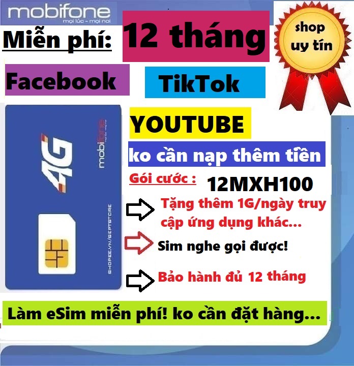 Sim Mobifone 4G gói 12MXH100- sử dụng 12 tháng ko cần nạp thêm tiền - Hàng chính hãng