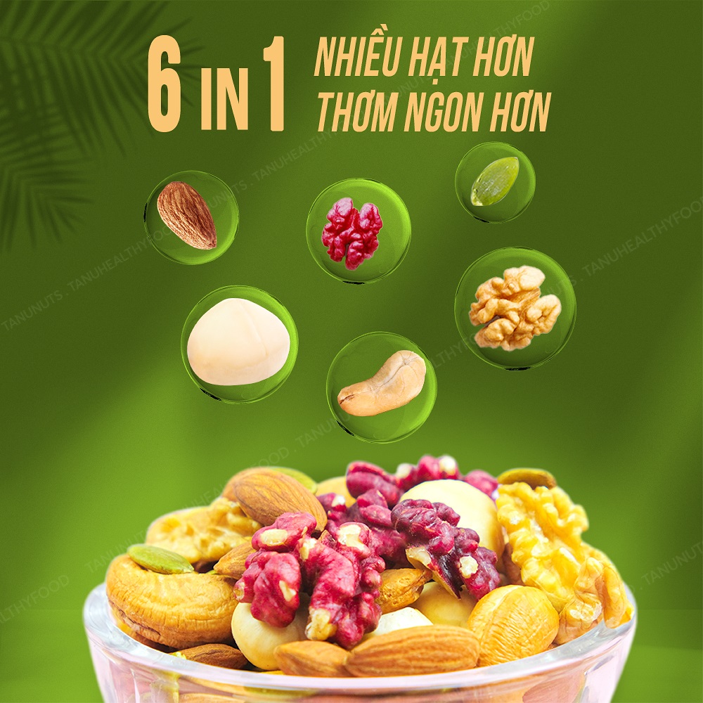 Hạt dinh dưỡng mix 6 loại TANU NUTS, hạt ngũ cốc cho bà bầu gồm macca, óc chó, hạnh nhân, bí xanh, điều